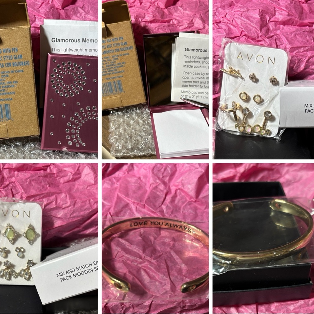 Avon items: mini memo paper, pen, & mirror; 10 pairs of earrings; cuff bracelet.